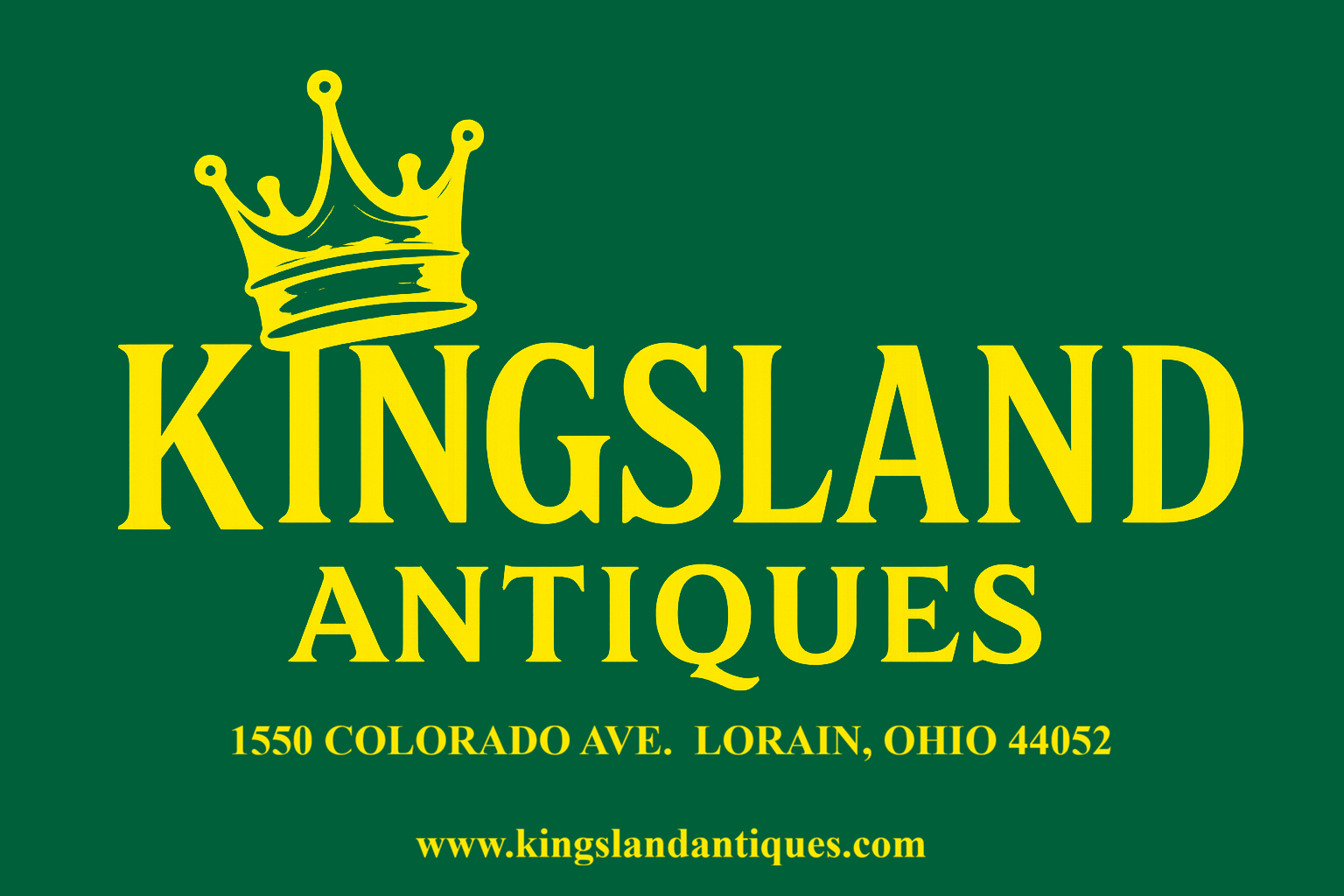Kingsland Antiques antique mall logo and storefront information located at 1550 Colorado Avenue, Lorain, Ohio