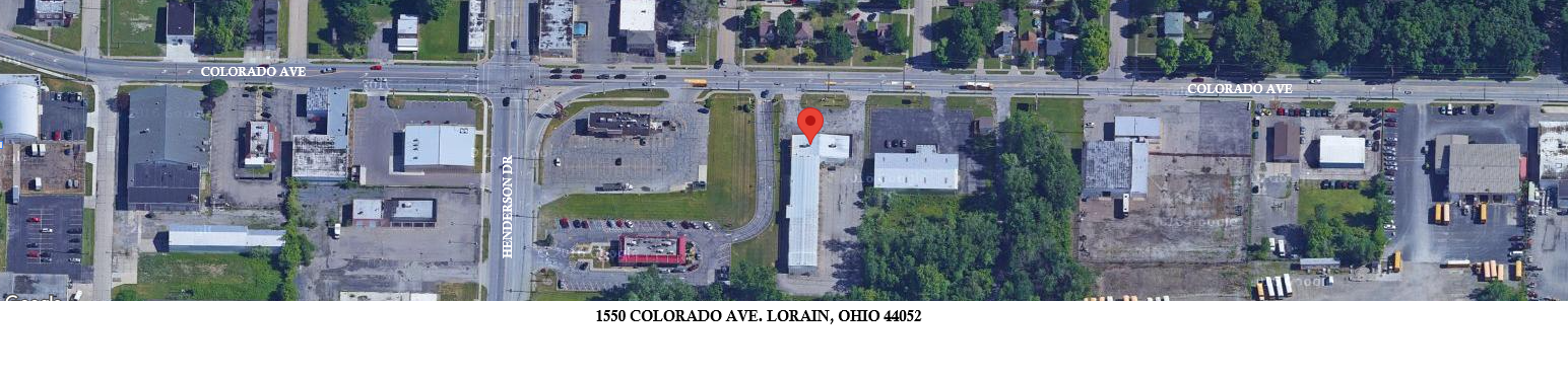 Aerial map showing the location of Kingsland Antiques at 1550 Colorado Avenue in Lorain, Ohio
